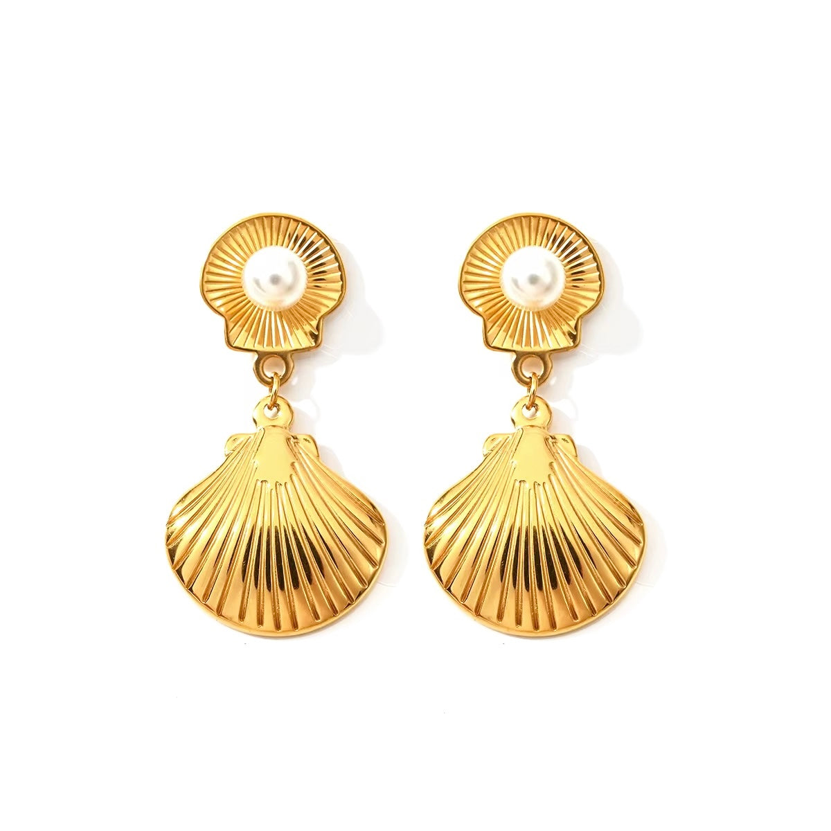 18K Sea Shell Pearl Statement Drop Earrings