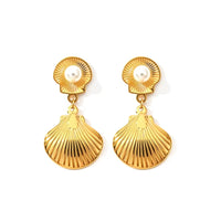 18K Sea Shell Pearl Statement Drop Earrings