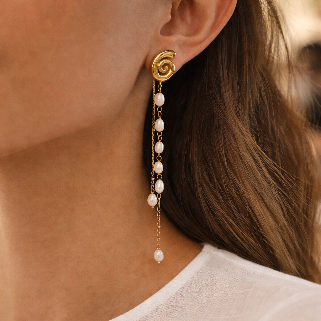 18K Dainty Fresh Water Pearls Tassel Earrings