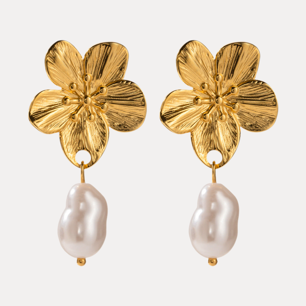 18K Flower Baroque Pearl Drop Earrings