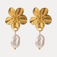 18K Flower Baroque Pearl Drop Earrings