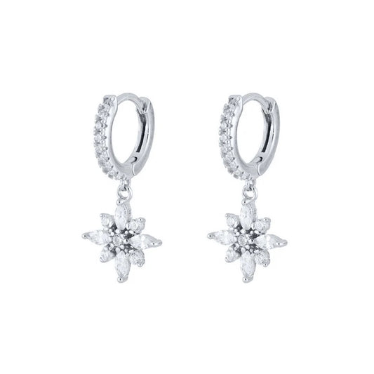 Silver Diamond Snow Flower Pendant Hoop Earrings