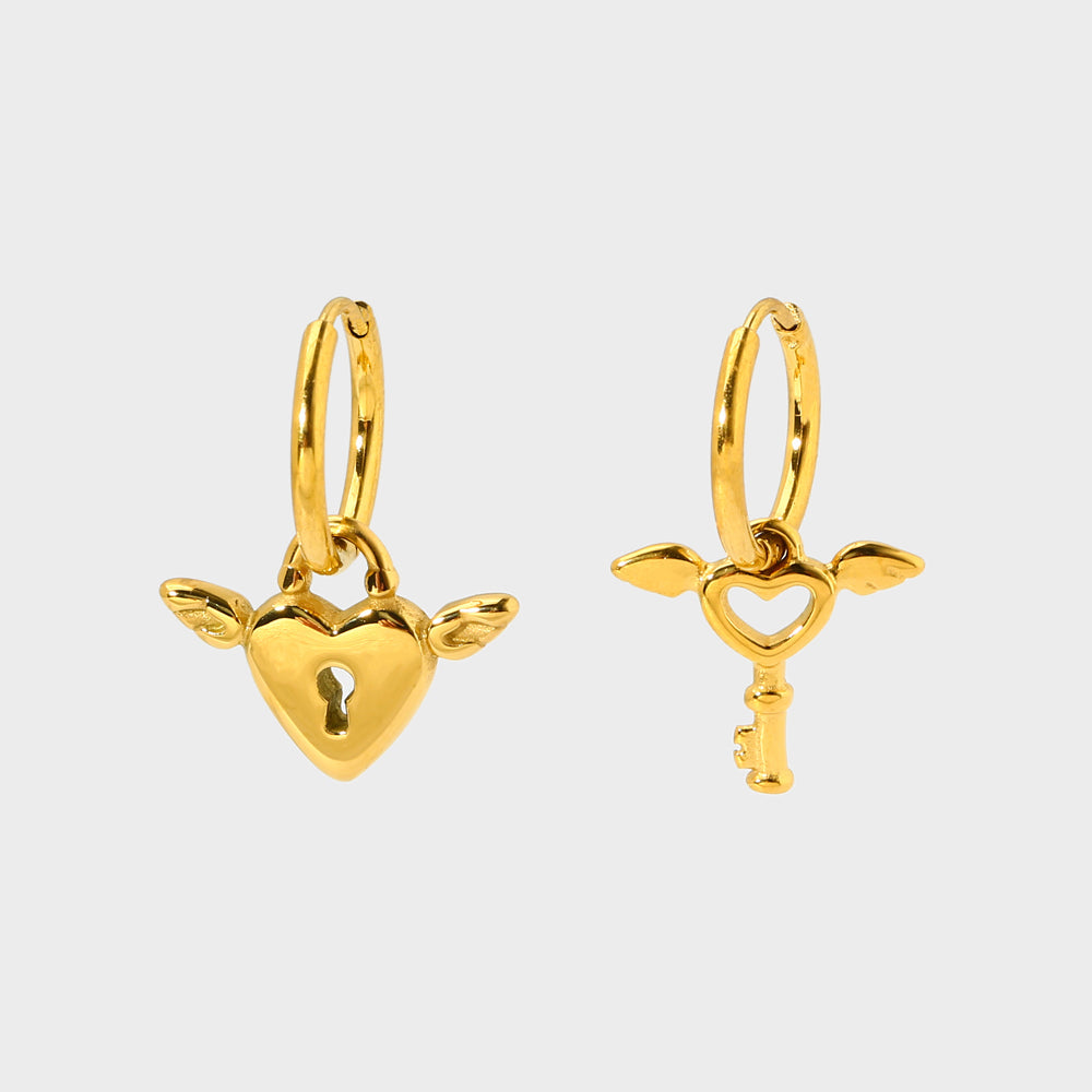 18K Gold Key Heart Drop Earrings