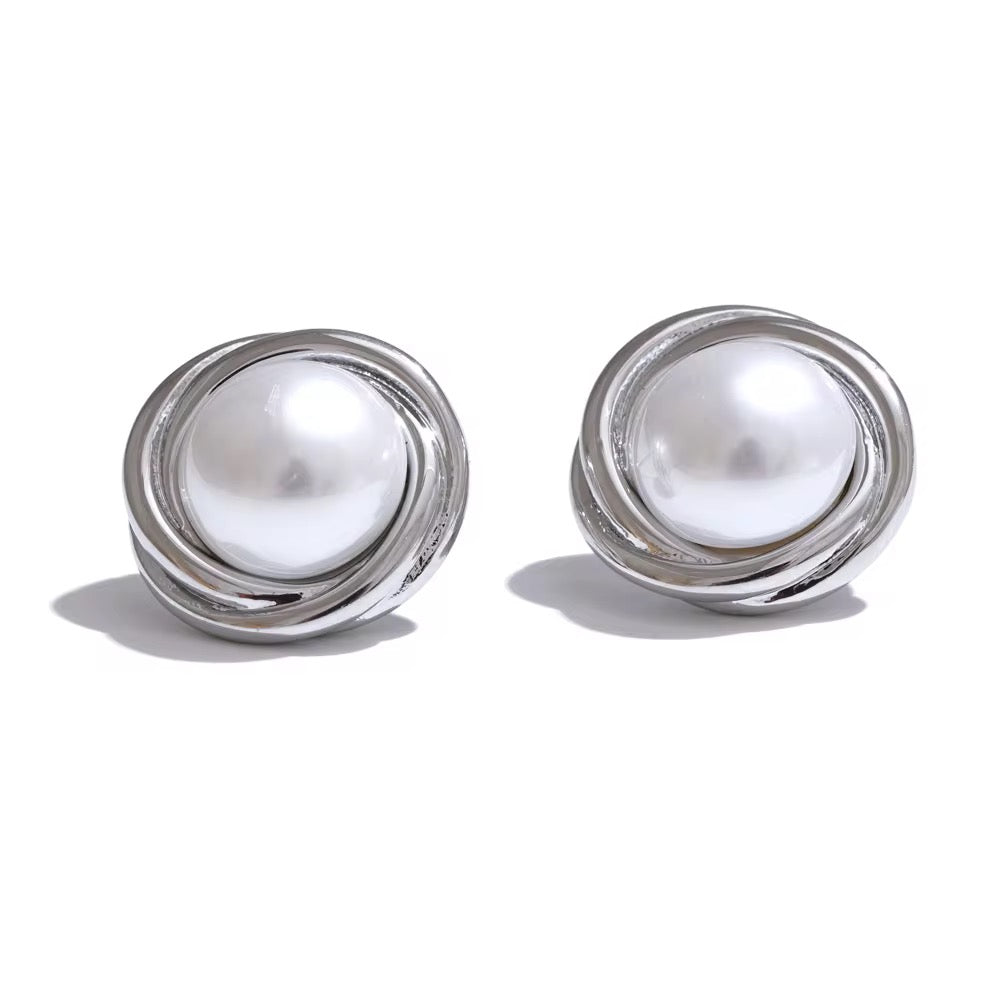 Silver Vintage White Pearl Statement Studs