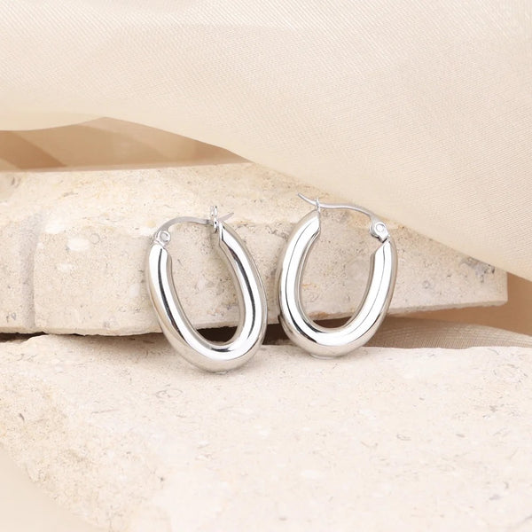 Silver Chunky Oblong Medium Hoops