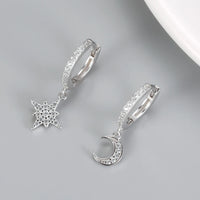 Silver CZ Lined Moon and Star Huggie Earrings