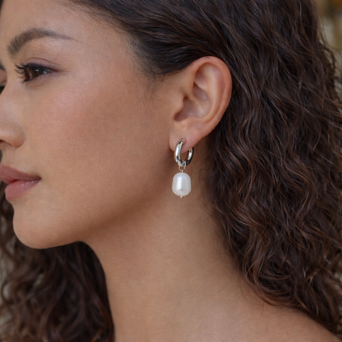 Silver Fresh Water Pearl Mini Hoop