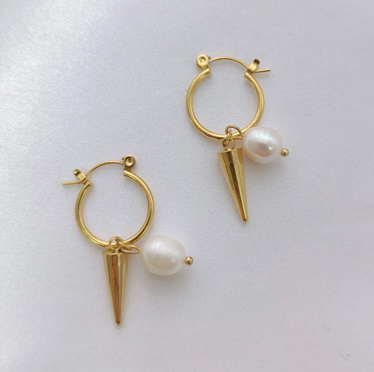 18K Pearl and Cone Charm Hoop Earrings