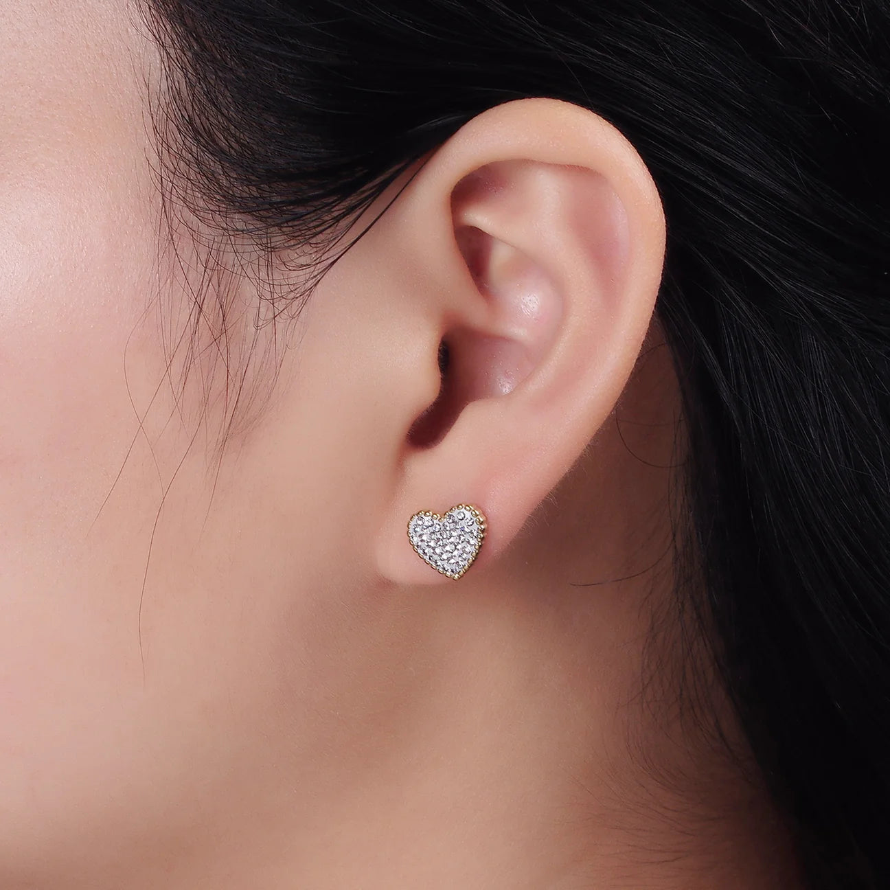 14K Clear Micro Paved CZ Heart Stud Earrings