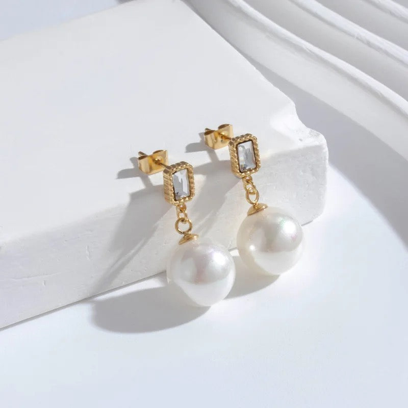 18K Square Zircon Pearl Drop Earrings