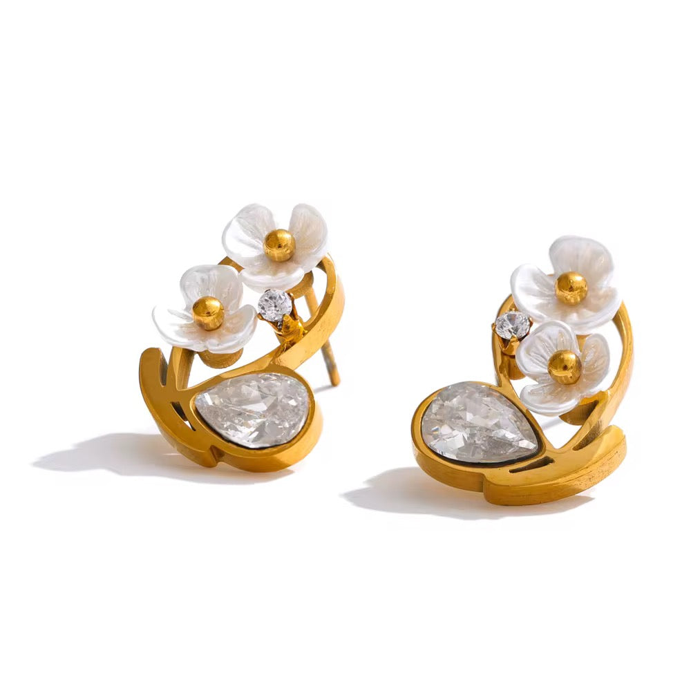 18K White Flower Marquise Studs