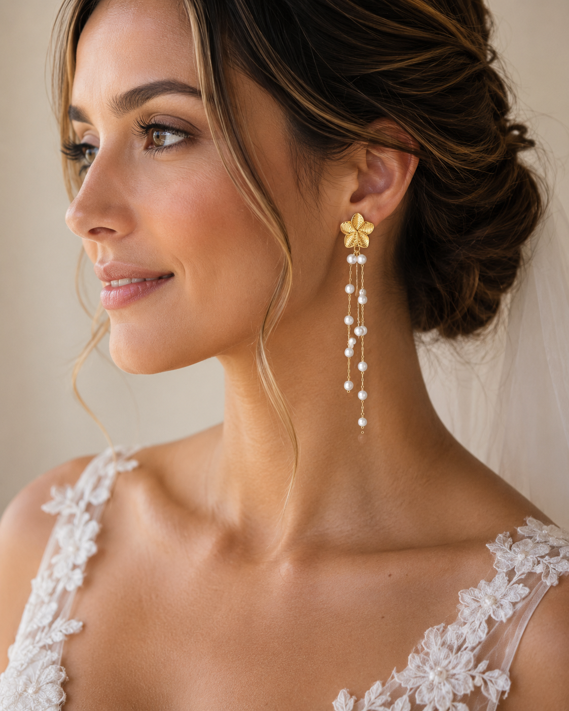 18K Flower With Dainty Pearls Tassel Earrings