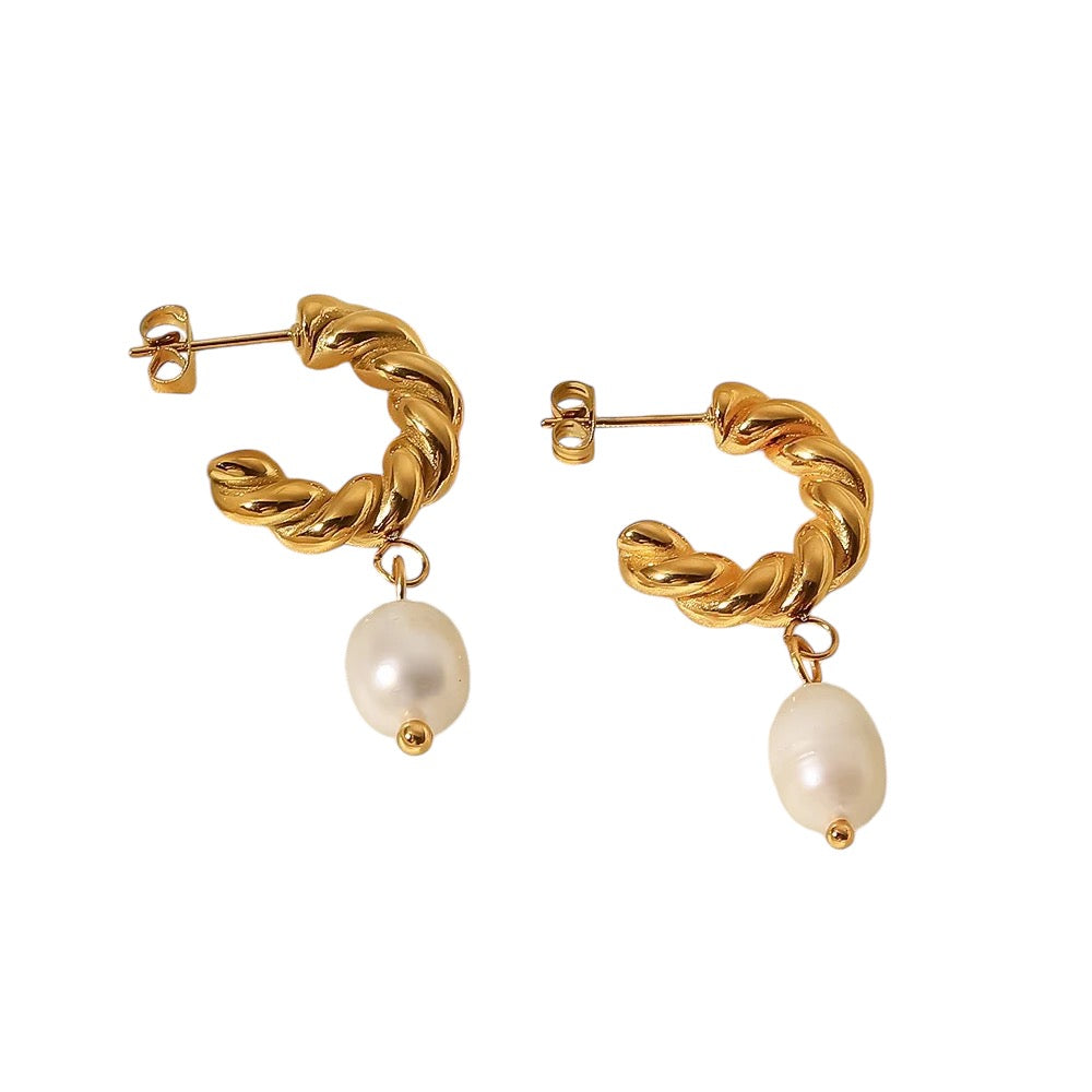 18K Twisted Hoop Fresh Water Pearl Drop Earrings