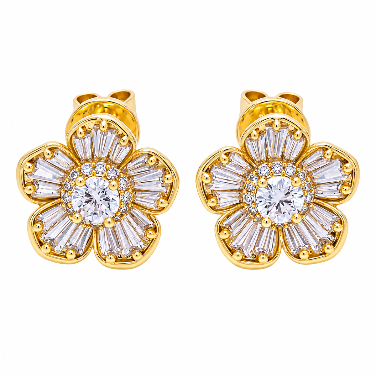 18K Flower Baguette Studs