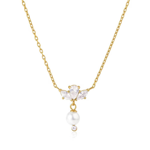 18K Marquise Trio CZ Pearl Necklace