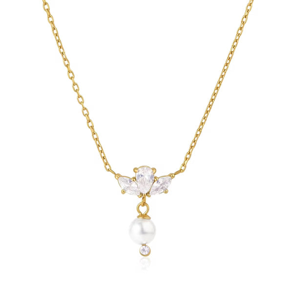 18K Marquise Trio CZ Pearl Necklace