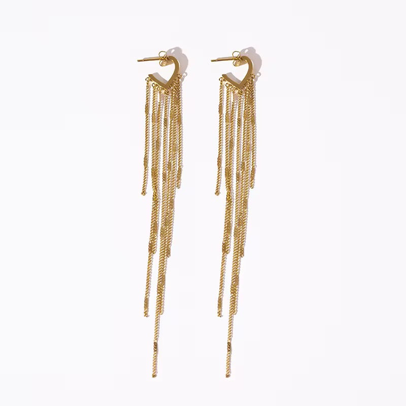 18K Heart Open C Hoop Dangle Fringe Earrings
