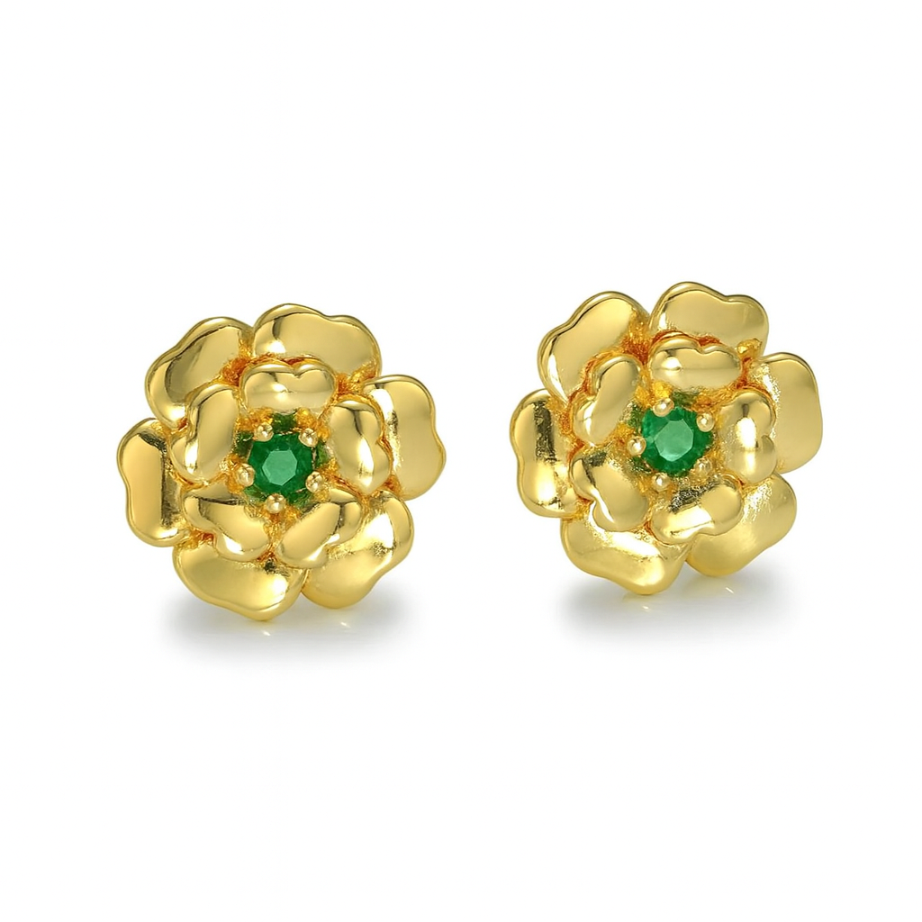 24K Flower Emerald Studs