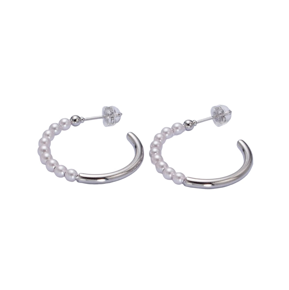 Silver 25mm Half Pearl Hoop Earrings