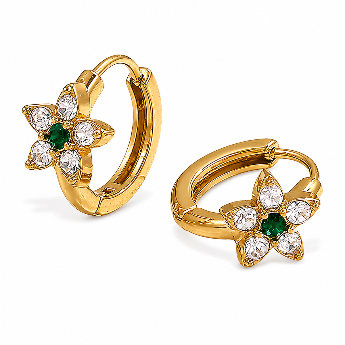 18K CZ Flower Emerald 10mm Huggies