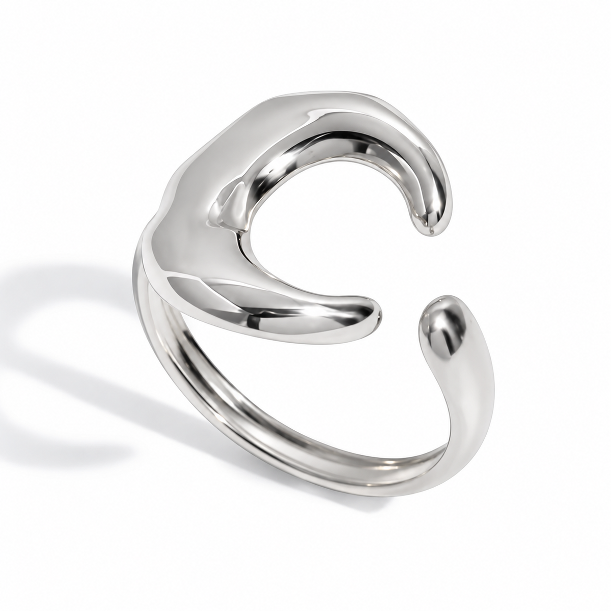 Silver Textured Moon Adjustable Ring