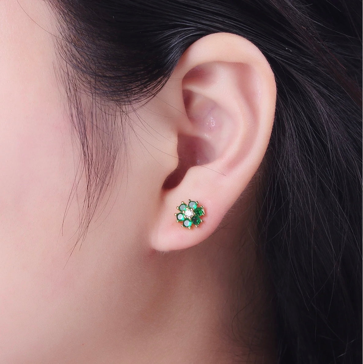 24K Gold Filled Dainty Emerald Green Flower Stud Earrings