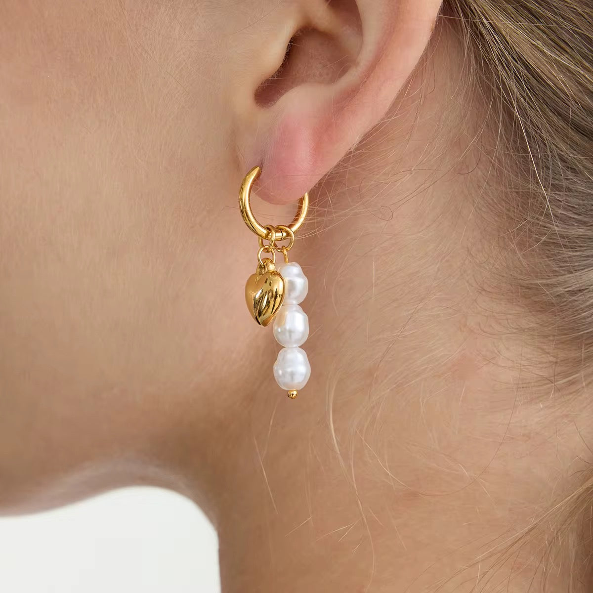 18K Heart and Pearls Charm Huggies