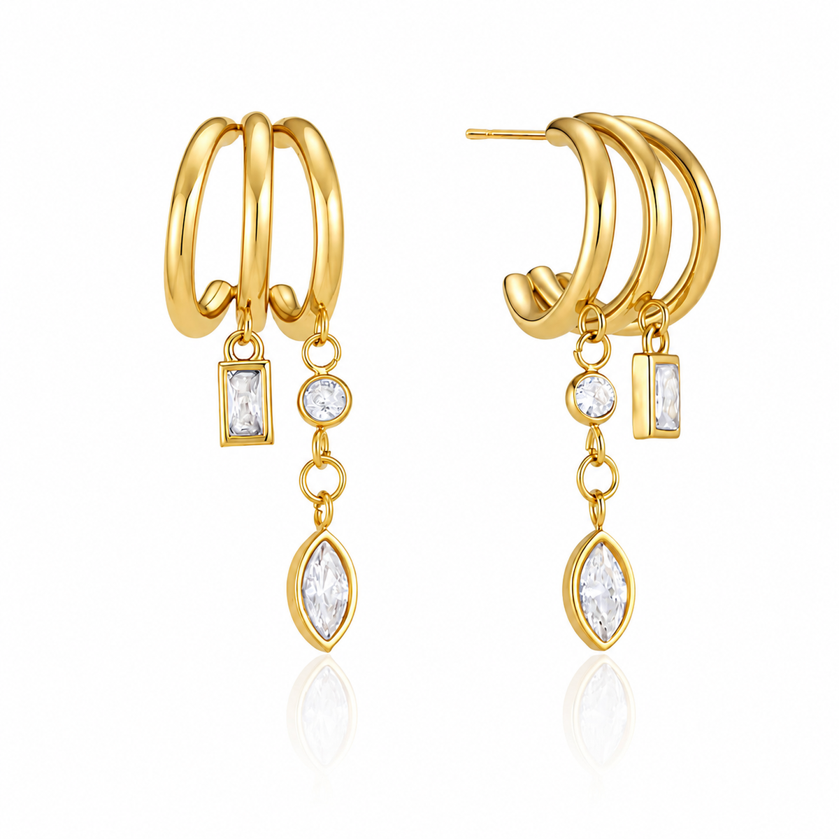18K Trio Open C Hoop Dangle Earrings