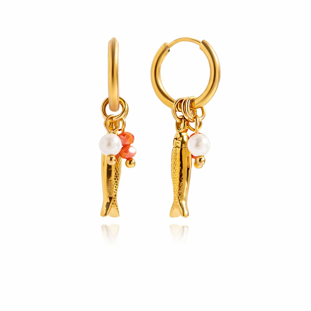 18K Dainty Fish pearl charm huggies