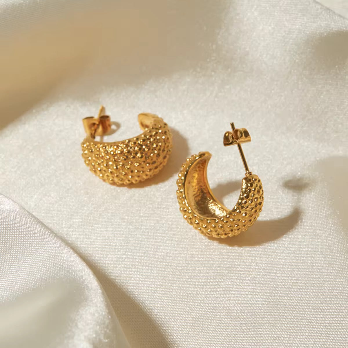 C Beaded Texture Chunky Hoops in 18K Gold Plating