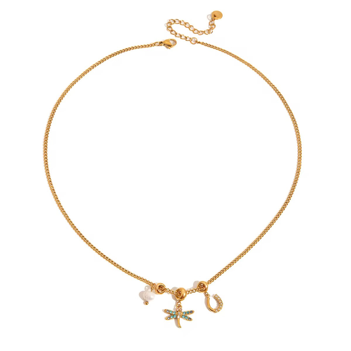 18K Dragon Fly And Horse Shoe Pearl Necklace