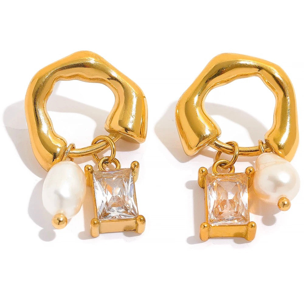 18K French Style Pearl Zircon Stud Earrings