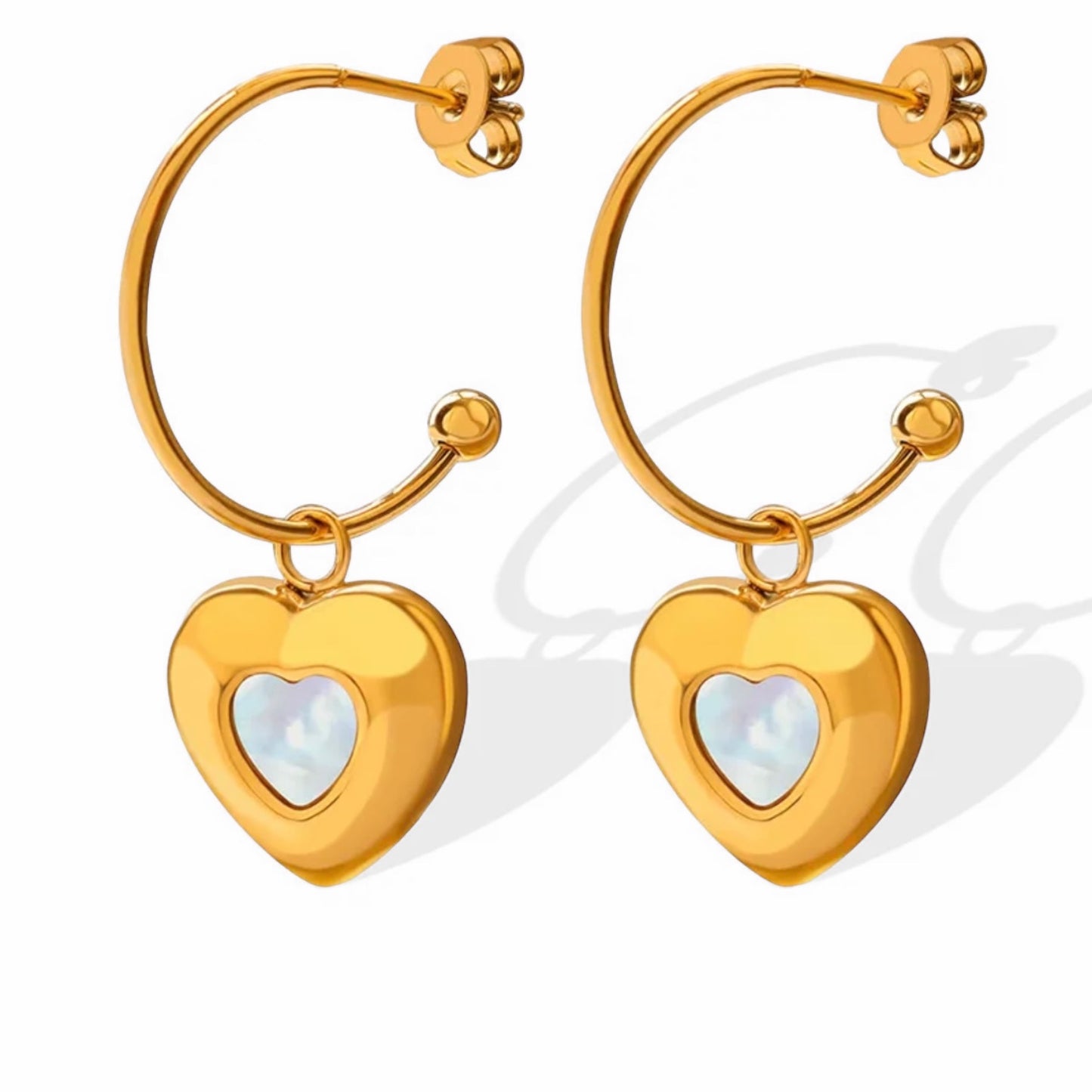 14K Shell Drop Heart Zircon Pendant Earrings