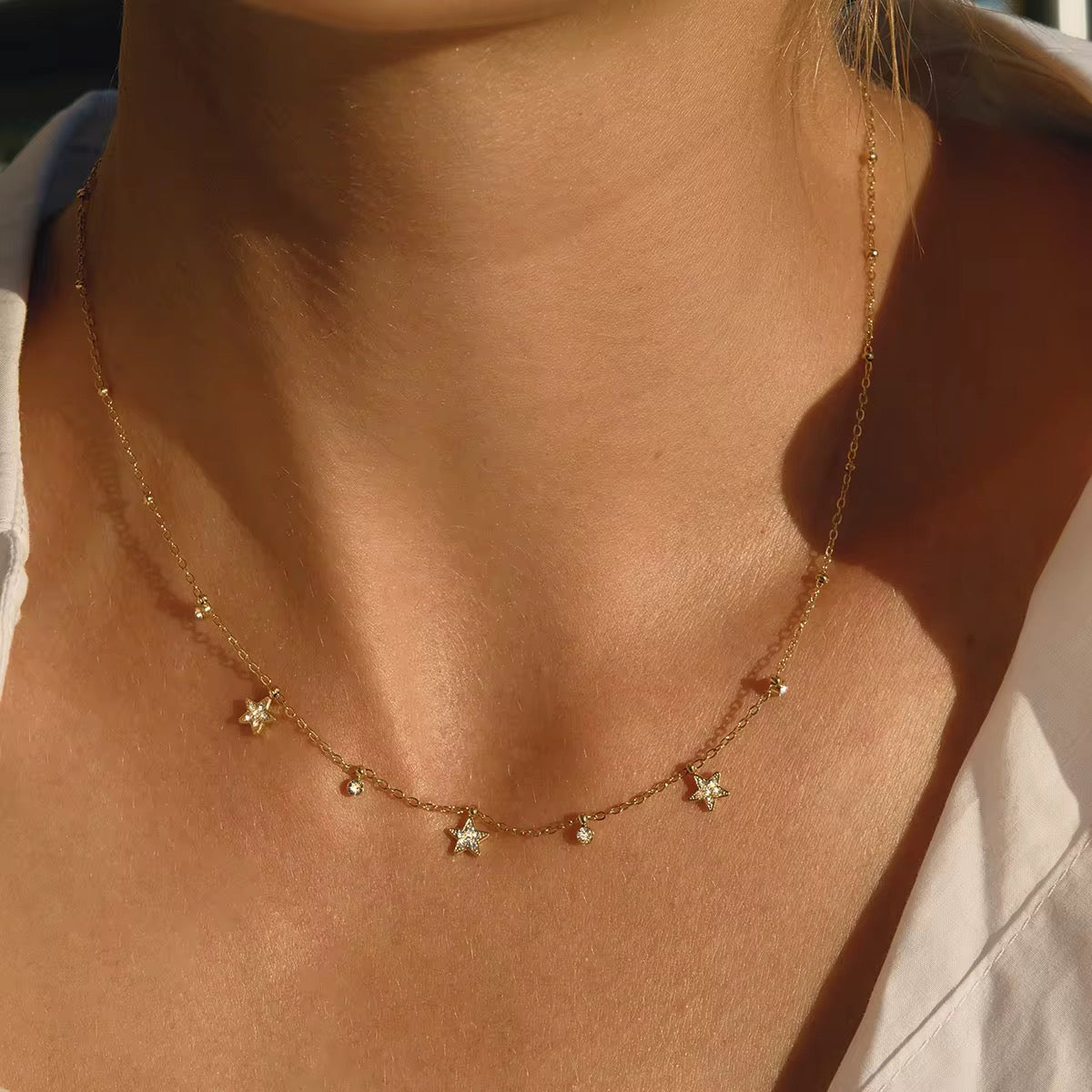 18K Dainty Stars CZ Charm Necklace