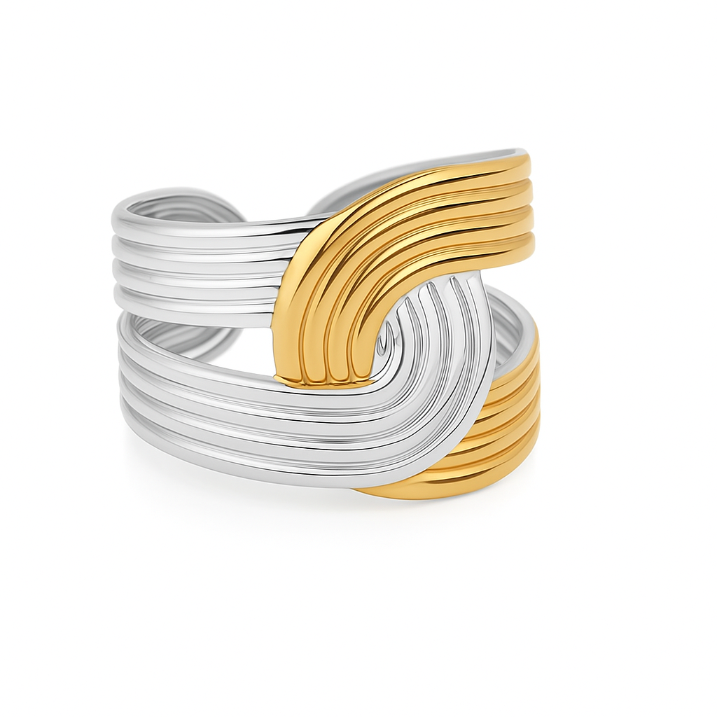 Two Tone Strip Wave Open Ring