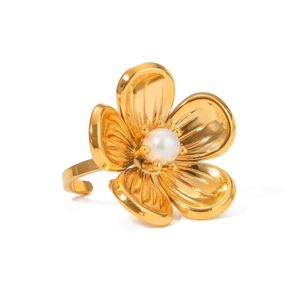 18K Flower Pearl Adjustable Ring