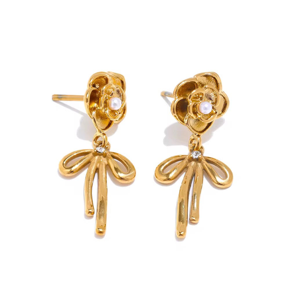 18K Bow Flower Drop Earrings