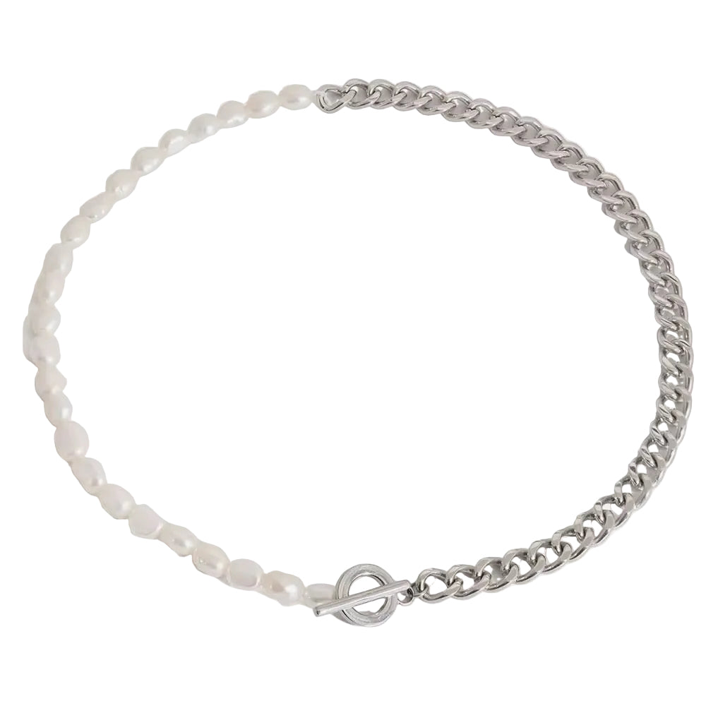 Silver Half Pearl Half Cuban Necklace