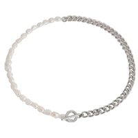 Silver Half Pearl Half Cuban Necklace