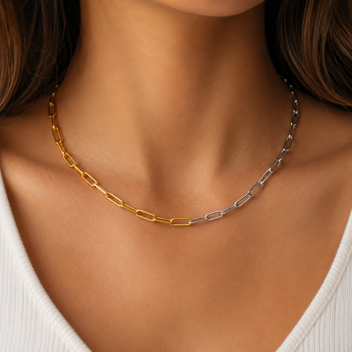 Two Tone Paper Clip Chain Necklace