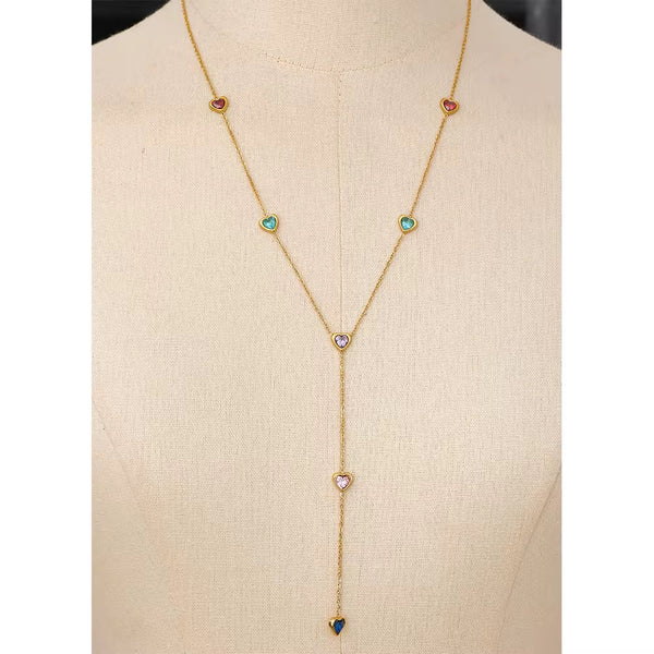 18K Multi Color Heart Long Necklace
