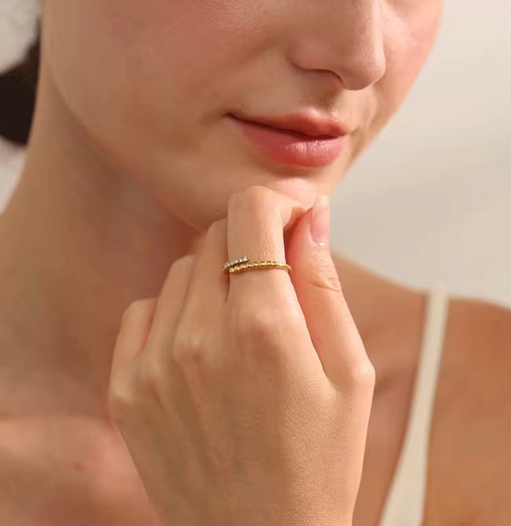 18K Dainty Bubble Bead CZ Open Ring