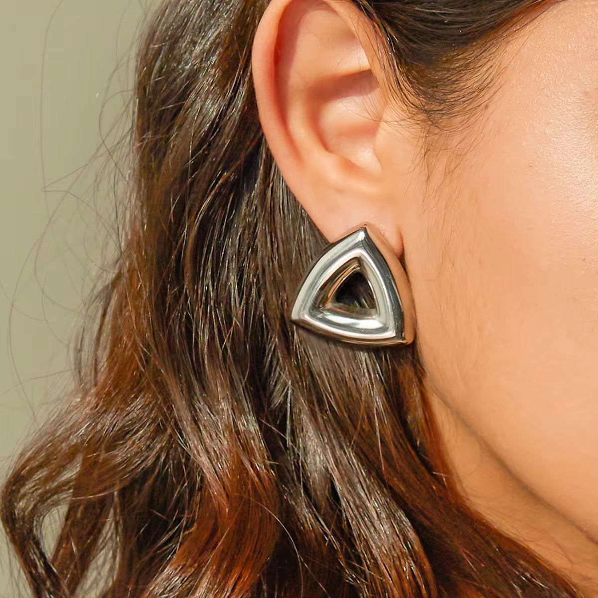 Silver Hollow Triangle Statement Earrings