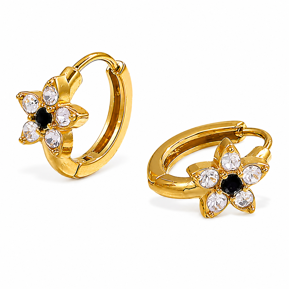 18K CZ Flower Onyx 10mm Huggies