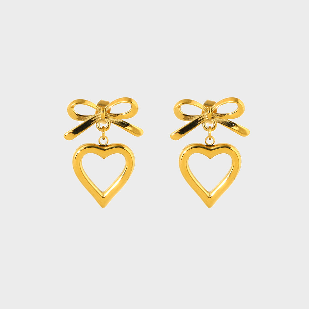 18K Bow & Heart Drop Earrings