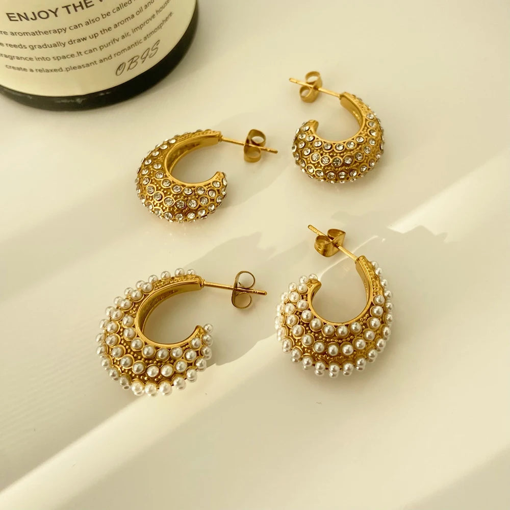 18K Studded C-shape Hoop Earrings