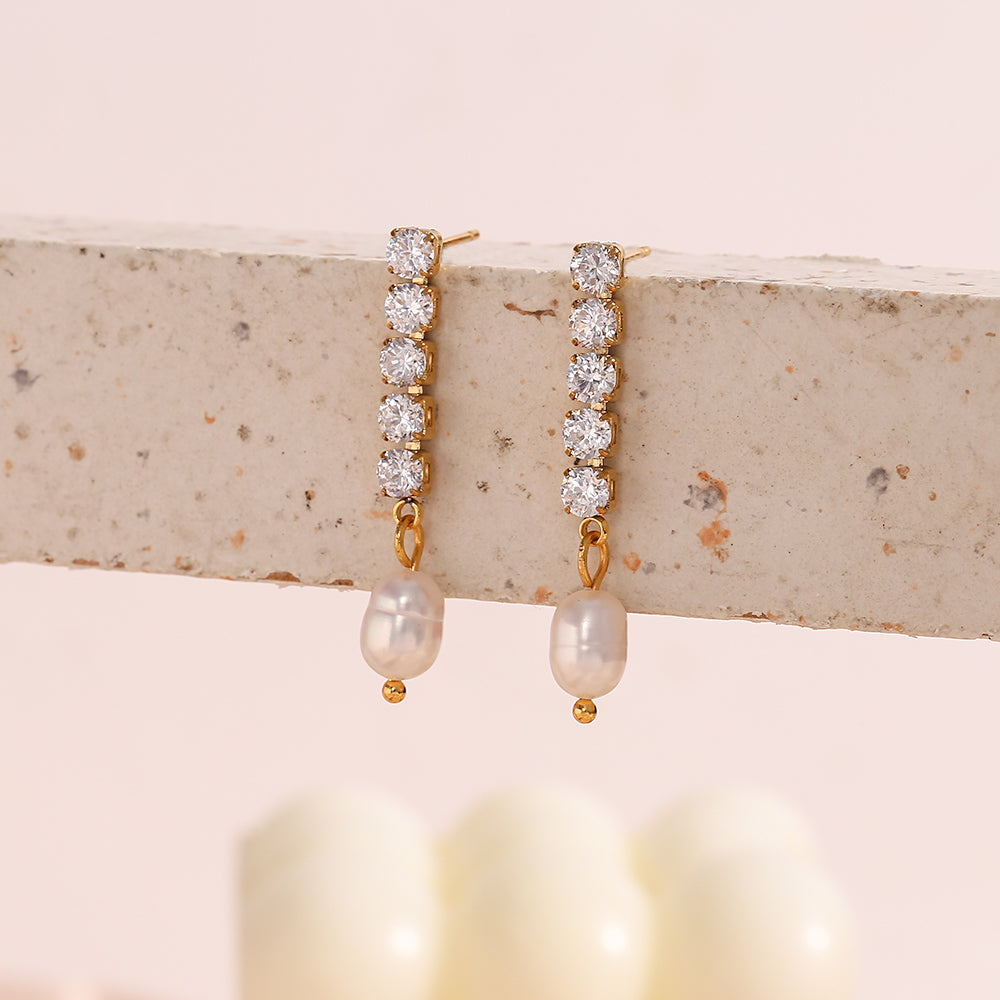 18K Zircon Pearl Chain Dangle Earrings