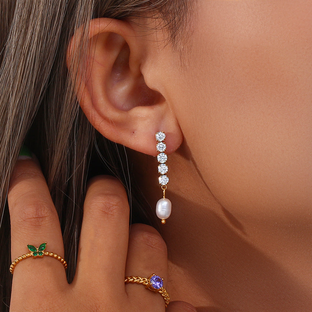 18K Zircon Freshwater Pearl Chain Dangle Earrings