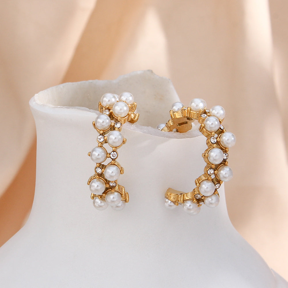 18K White Pearl Zircon Stud Earrings
