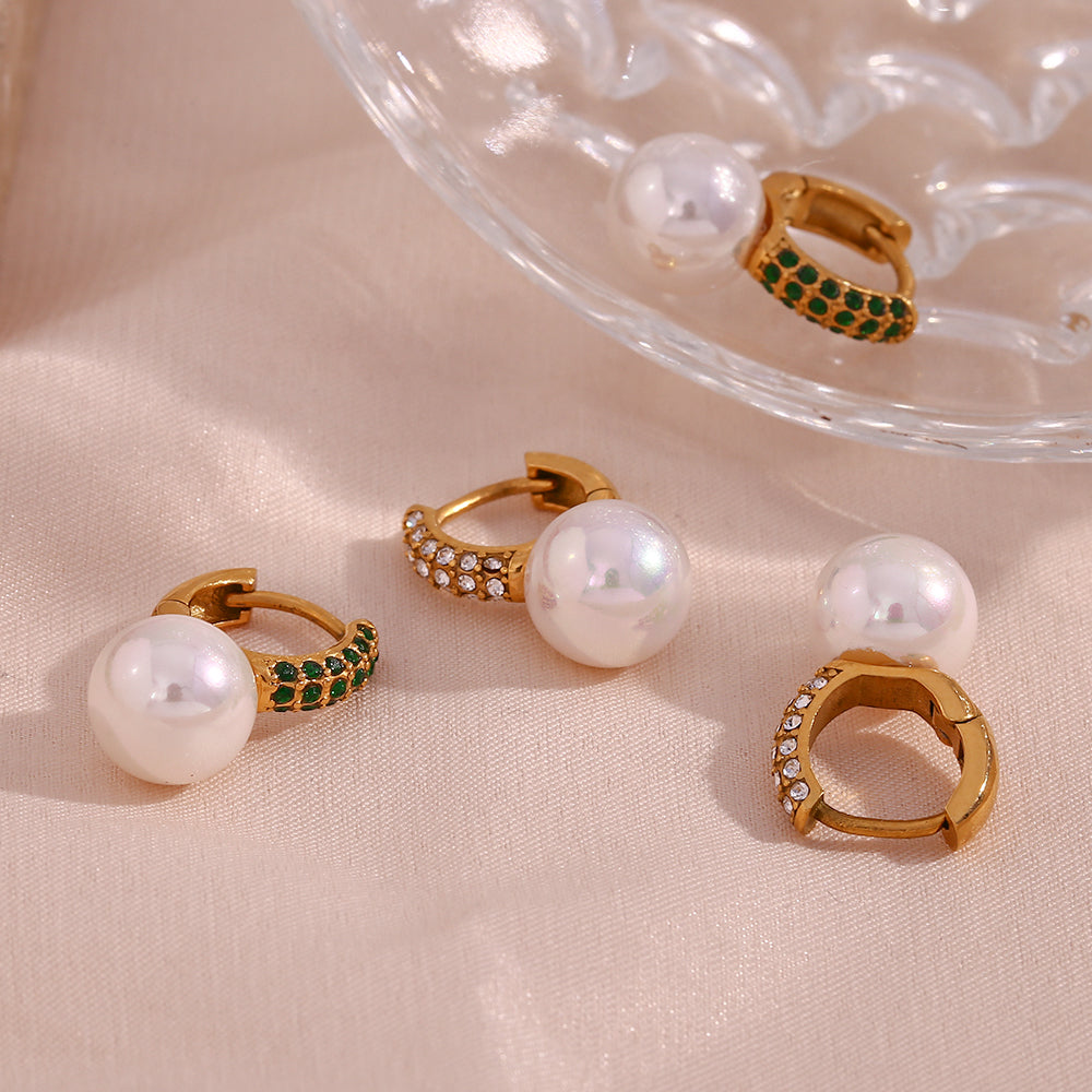 18K Zircon Pearl Huggie Earrings